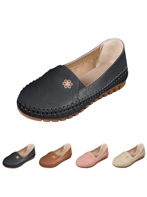 Women's Stylish Orthopedic Leather Shoes Slip-On Loafers Casual Business Walking Flats Loafers Black 8 Wide