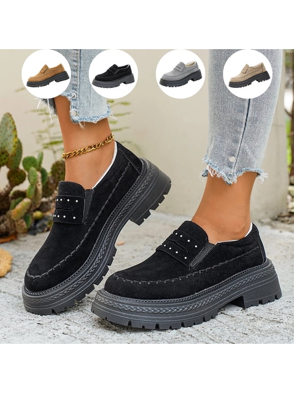 Women's Suede Loafers Platform Slip On Shoes Chunky Lug Sole Loafers Comfortable Casual Walking Shoes for Work Office 6 wide