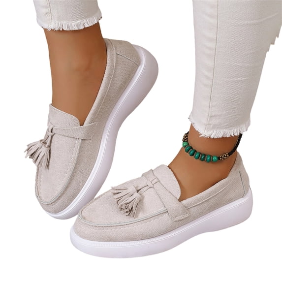 IEMIEMIEM Women's Suede Penny Loafer Shoe Comfort Tassel Embellished Trendy Loafers 2026 Fall Fashion Slip-on Shoes Soft Sole Flat Beige 8.5 Wide