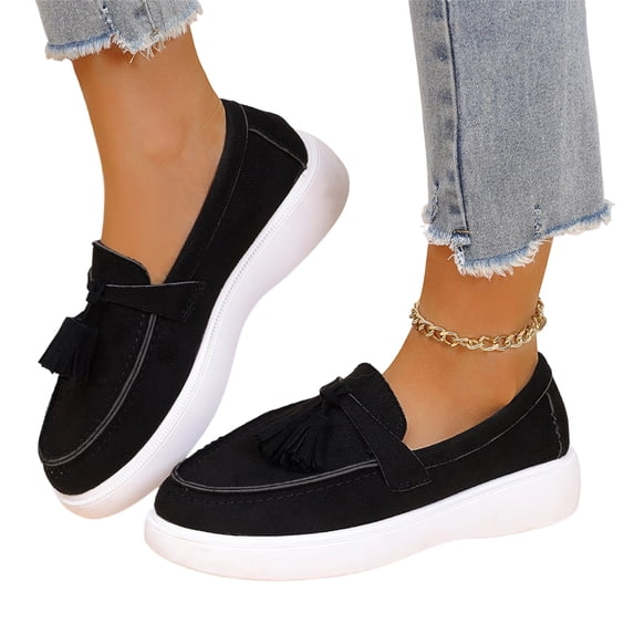 IEMIEMIEM Women's Suede Penny Loafer Shoe Comfort Tassel Embellished Trendy Loafers 2026 Fall Fashion Slip-on Shoes Soft Sole Flat Black 9 Wide
