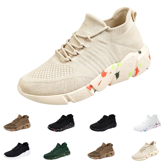 IEMIEMIEM Women's Walking Shoes Non Slip Casual Orthopedic Sneakers Comfortable Lightweight Breathable Mesh Slip on Gym Tennis Work Travel Running Shoes Beige 7 Wide