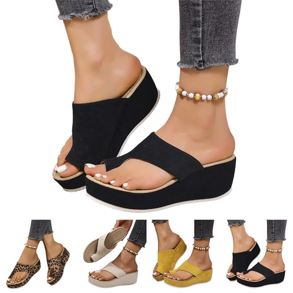 IEMIEMIEM Women's Wedge Bunion Sandals Platform Slipper Comfortable Soft High Heel Wedge Flip-Flop Light Weight Ladies Shoes Black 5.5 Wide