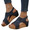 thumbnail image 1 of IEMIEMIEM Women's Wedge Sandals Dressy Summer Open Toe Espadrilles Platform Sandals Buckle Ankle Strap Wedge Sandals Leather Sandals Casual Low Wedges Walking Strappy Slip on Sandals Blue 7.5 Wide, 1 of 5