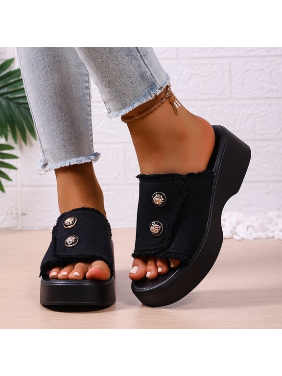 Women's Wedge Sandals Platform Slides Comfortable Lightweight One Strap Summer Slippers Denim Button Breathable Cushioned Thick Sole Casual Beach Shoes Black 7.5 Wide