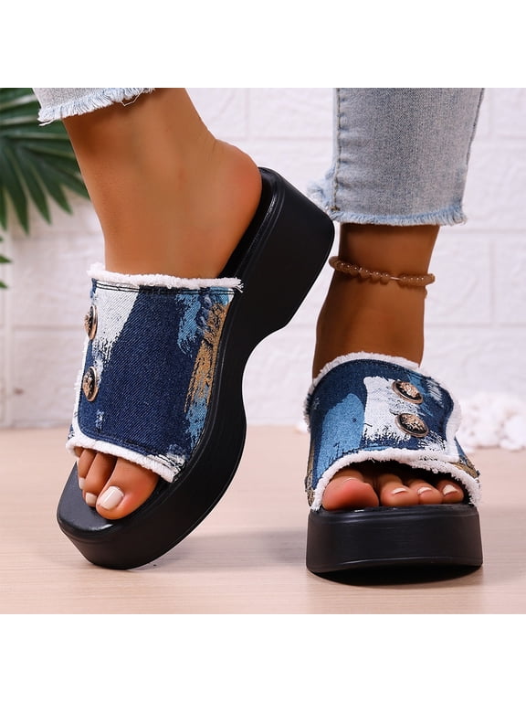 Women's Wedge Sandals Platform Slides Comfortable Lightweight One Strap Summer Slippers Denim Button Breathable Cushioned Thick Sole Casual Beach Shoes Blue 6.5 Wide