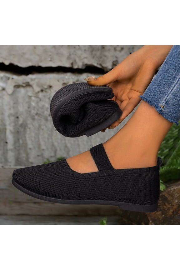 Women's Wide Toe Box Flats Comfort Slip On Ballet Shoes Mary Jane Dressy Knit Flats with Adjustable Straps Washable Casual Office Woven Breathable Shoes Black 7 Wide