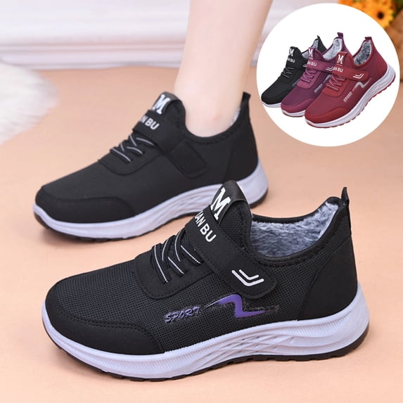 IEMIEMIEM Women's Winter Fur Lined Arch Support Sneakers Fashion mesh Upper Comfortable Warm Non-Slip Lightweight Hook & Loop Platform Walking Sport Shoes 7.5 wide