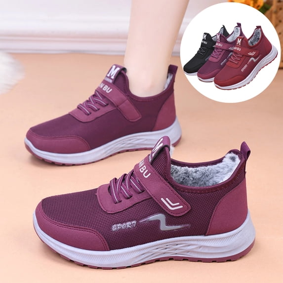 IEMIEMIEM Women's Winter Fur Lined Arch Support Sneakers Fashion mesh Upper Comfortable Warm Non-Slip Lightweight Hook & Loop Platform Walking Sport Shoes 6 wide