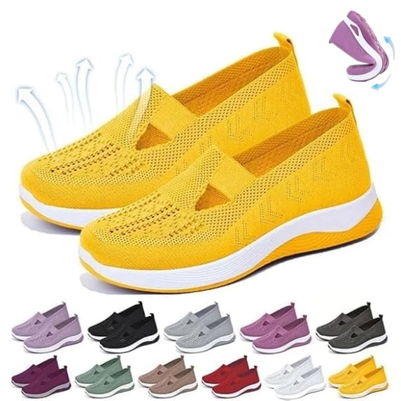 IEMIEMIEM Women's Woven Orthopedic Breathable Soft Shoes 2026 New Lightweight Comfortable Mesh Stretch Sneakers,Go Walking Slip on Diabetic Foam Shoes Yellow 8.5 Wide