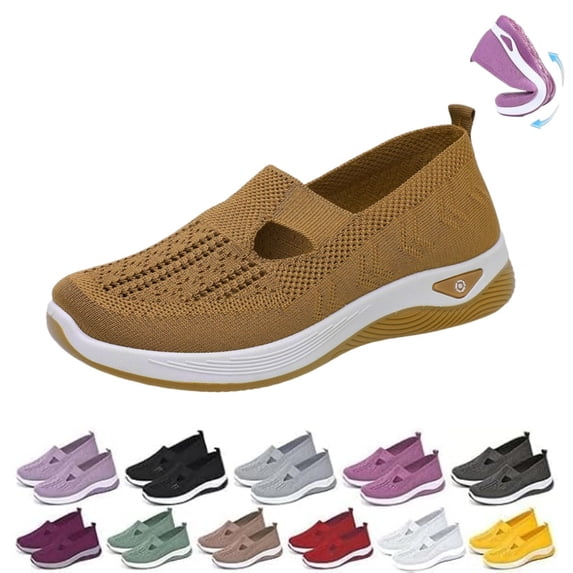 IEMIEMIEM Women's Woven Orthopedic Breathable Soft Shoes Go Walking Comfortable Slip on Diabetic Foam Shoes Hands Free Slip in Sneakers Arch Support Coffee 6.5 Wide