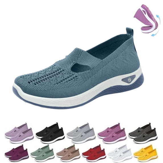IEMIEMIEM Women's Woven Orthopedic Breathable Soft Shoes Go Walking Comfortable Slip on Diabetic Foam Shoes Hands Free Slip in Sneakers Arch Support Sky Blue 8.5 Wide
