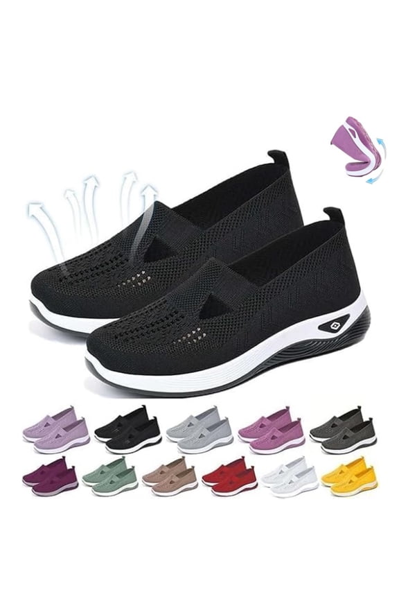 Women's Woven Orthopedic Breathable Soft Shoes, Lightweight Comfortable Soft Mesh Stretch Sneakers,Go Walking Slip on Diabetic Foam Shoes Black 7.5 Wide
