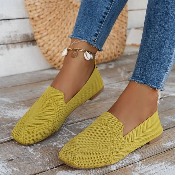 IEMIEMIEM Womens Ballet Flats Elastic Strap Mary Jane Flat Slip On Casual Ballerina Walking Flats Dress Shoes Comfortable Cute Penny Loafer Shoes for Work Office Business Yellow 10 Wide