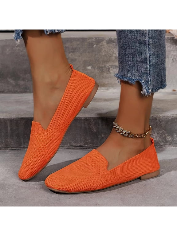 Womens Ballet Flats Elastic Strap Mary Jane Flat Slip On Casual Ballerina Walking Flats Dress Shoes Comfortable Cute Penny Loafer Shoes for Work Office Business Orange 10 Wide