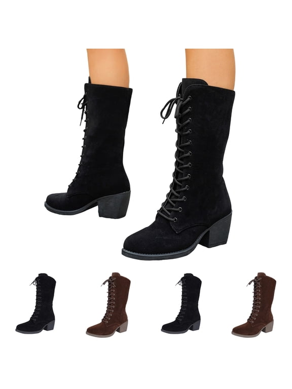 Womens Boots Chunky Heels Lace Up Mid Calf Boots Vintage Gothic Steampunk Halloween Costume Witch Shoes Medieval Renaissance Boots Black 8.5 Wide