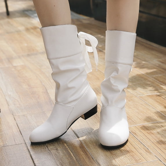 IEMIEMIEM Womens Boots High Comfortable Pull On Mid-Calf Flats Boots with Bow Tie Fashion PU Leather Lace Up Chunky Low Heels for Winter Fall White 7 Wide