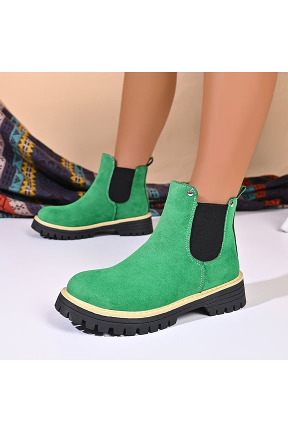 Womens Boots with Lug Sole Comfortable Round Toe Ankle Non Slip Classic Elastic Chunky Low Heel Short Boots Slip On Warm Work Booties Fall Winter Outdoor Walking Boot Green 9 Wide