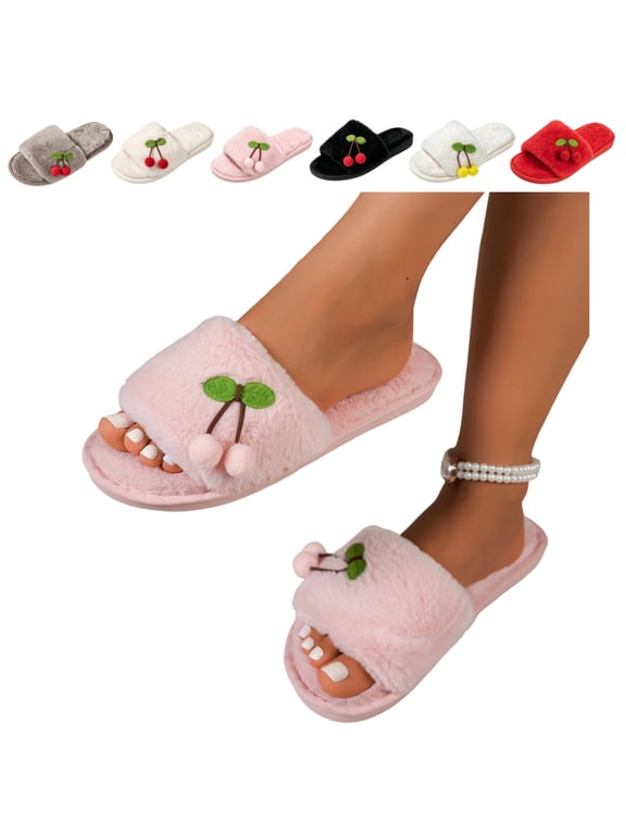Womens Cherry Slippers, Fuzzy Plush Open Toe Slide House Shoes with Fruit Accent, Cozy Indoor Bedroom Slipper for Home Wear Gifts 6 wide