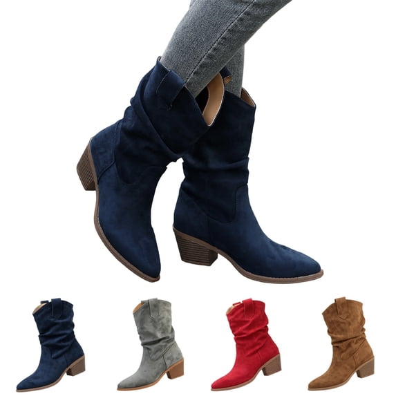 IEMIEMIEM Womens Cowboy Ankle Boots Faux Suede Western with Pointed Toe Classic Vintage Low Chunky Heel Fashion Short Booties for Casual Wedding Traveling Party Blue 9 Wide