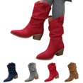 thumbnail image 1 of IEMIEMIEM Womens Cowboy Ankle Boots Faux Suede Western with Pointed Toe Classic Vintage Low Chunky Heel Fashion Short Booties for Casual Wedding Traveling Party Red 9 Wide, 1 of 5