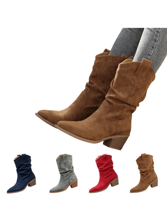 Womens Cowboy Ankle Boots Faux Suede Western with Pointed Toe Classic Vintage Low Chunky Heel Fashion Short Booties for Casual Wedding Traveling Party Brown 9 Wide