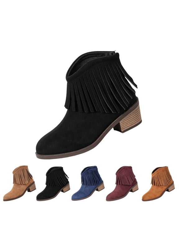 Womens Cowboy Boots Boho Suede Ankle Western Cowgirl Boots Mid Calf Pointed Toe Low Heel Short Chunky Classic Fringe Booties Black 8 Wide