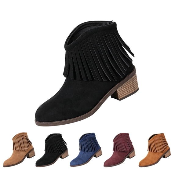IEMIEMIEM Womens Cowboy Boots Boho Suede Ankle Western Cowgirl Boots Mid Calf Pointed Toe Low Heel Short Chunky Classic Fringe Booties Black 9 Wide