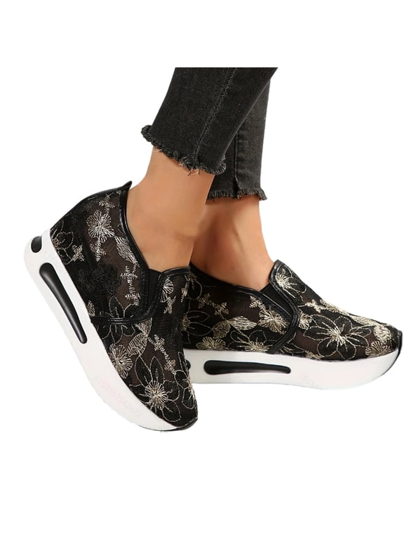 Womens Fashion Sneakers 2026 Floral Embroidery Comfortable Breathable Sheer Mesh Lace Slip on Platform Wedge Sneakers Lightweight Casual Walking Shoes 8.5 Wide Black