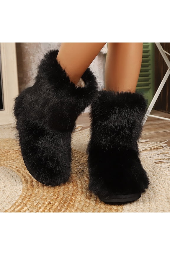 Womens Faux Fur Boots Fashion Fuzzy Fluffy Boots Round Toe Mid-Calf Winter Snow Boots Comfortable Outdoor Flat Shoes Black 9 Wide