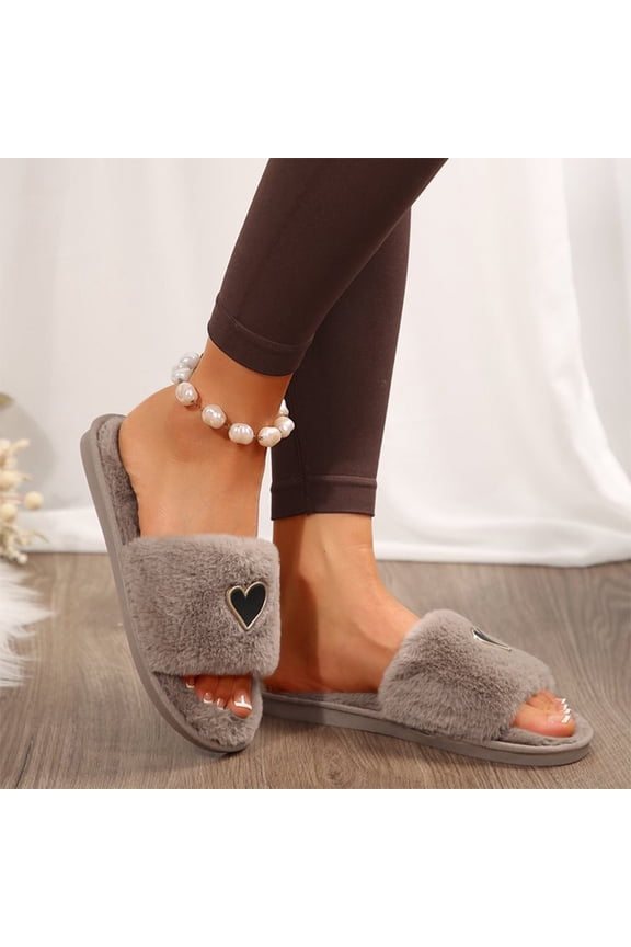 Womens Fuzzy Open Toe Slippers Soft Comfy Memory Foam Heart Print Slip On Indoor House Bedroom Slides Slippers Khaki 10 Wide