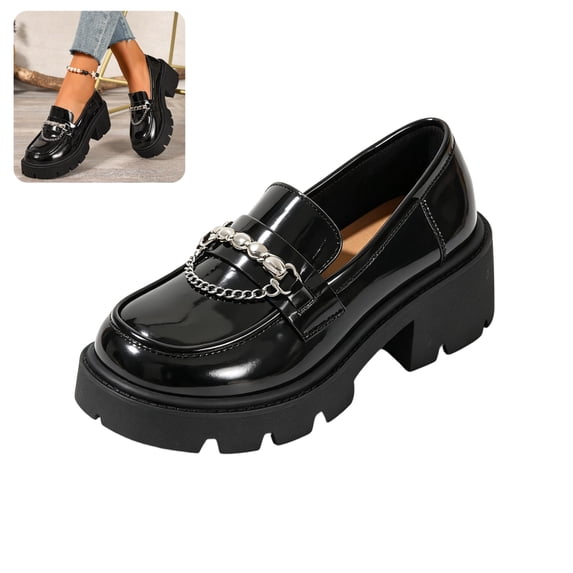 IEMIEMIEM Womens Loafers Fashion Chain Chunky Heel Platform Comfortable Lightweight Anti-Slip Lug Sole Slip-On Dress Shoes for Work Party Casual Daily Wear Punk Style 6 wide