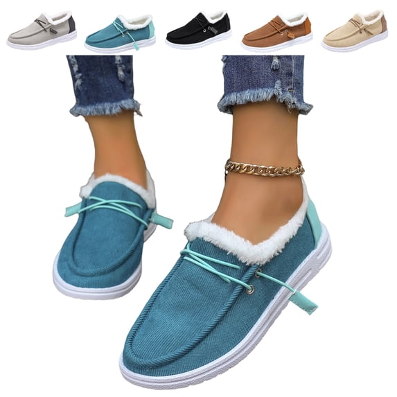 IEMIEMIEM Womens Loafers Short Boot Winter Warm Snow Boots Comfort Lined Lightweight Non-Slip Canvas Flat Ankle Outdoor Casual Lace up Plush Cozy Shoes 8.5 wide