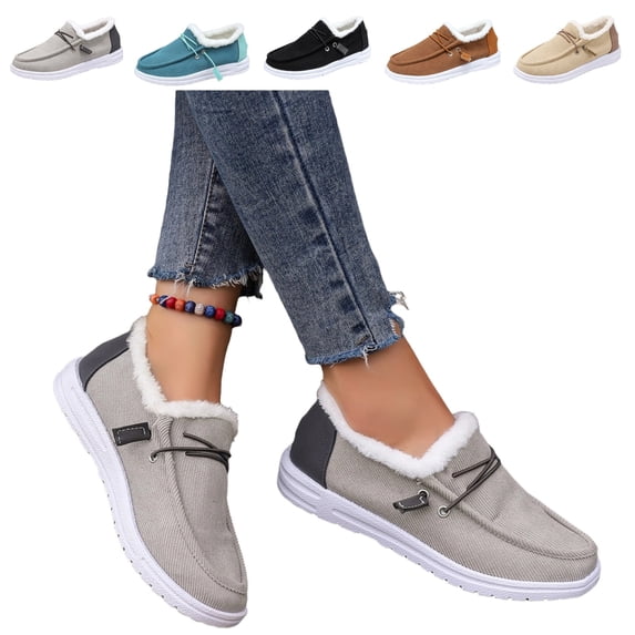 IEMIEMIEM Womens Loafers Short Boot Winter Warm Snow Boots Comfort Lined Lightweight Non-Slip Canvas Flat Ankle Outdoor Casual Lace up Plush Cozy Shoes 8 wide