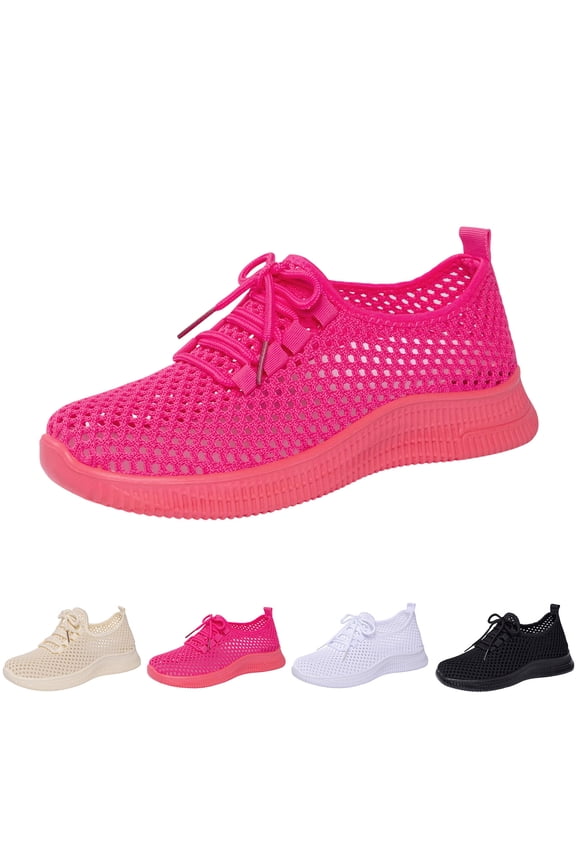 Womens Mesh Sneakers Hollow Out Breathable Lace-up Non-Slip Walking Shoes Fashion Casual Tennis Shoes Lightweight Quick Dry Running Shoes Hot Pink 7 Wide