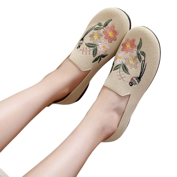 IEMIEMIEM Womens Orthopedic Shoes Arch Support Flower Embroidered Golf Shoes Wide Non Slip Slip on Work Shoes Knitted Mesh Stretch Comfort 2026 New Foam Shoes Beige 6.5 Wide