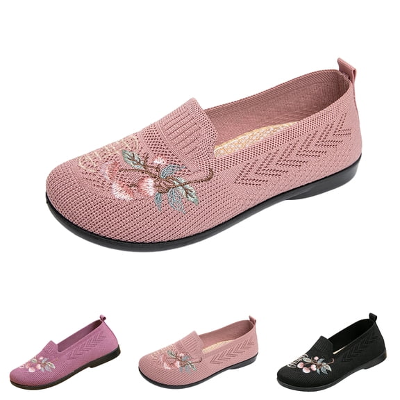 IEMIEMIEM Womens Orthopedic Shoes Arch Support Flower Embroidered Non Slip Slip on Golf Shoes Breathable Knitted Mesh Stretch Work Shoes Comfortable 2026 Foam Shoes Pink 8 Wide