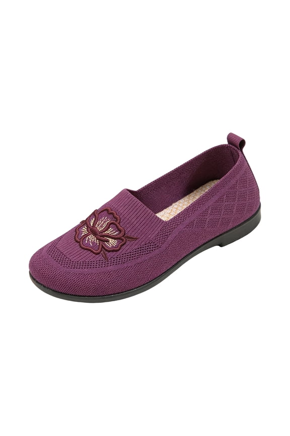 Womens Orthopedic Shoes Arch Support Flower Embroidered Tennis Shoes Wide Non Slip Slip on Hiking Shoes Knitted Mesh Stretch Comfortable 2026 Foam Shoes Purple 7.5 Wide