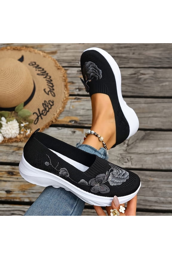 Womens Orthopedic Shoes Arch Support Running Shoes Lightweight Non Slip Bow & Floral Slip on Work Shoes Knitted Mesh Stretch Comfort 2026 Foam Shoes Black 8 Wide