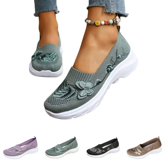 IEMIEMIEM Womens Orthopedic Shoes Arch Support Work Shoes Wide Non Slip Bow & Floral Slip on Work Shoes Knitted Mesh Stretch Comfort 2026 Orthopedic Shoes Green 9 Wide