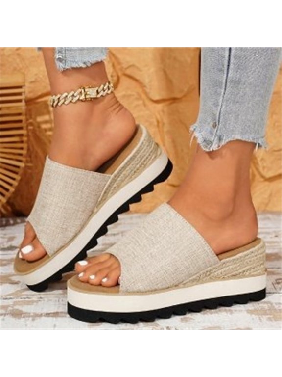 Womens Platform Sandals Slip On Espadrille Bohemian Wedge Sandals Comfort Dressy Summer Open Toe Flatform Slides for Outdoor Casual Travel Beach Vacation Slippers Boho Shoes Beige 10 Wide