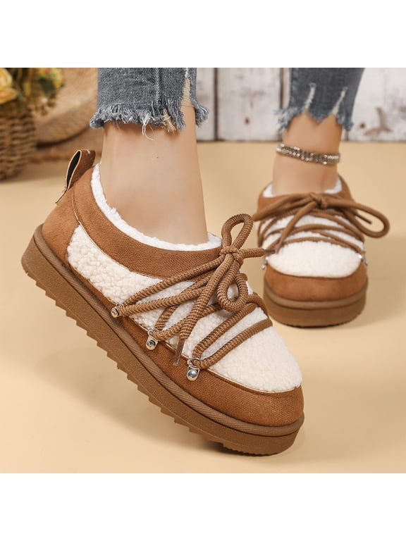 Womens Platform Winter Snow Shoes Fleece Lined Curly Plush Lace Up Slip On Warm Fluffy Casual Walking Sneakers Non Slip Rubber Sole Camel 7 Wide