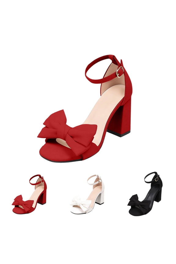 Womens Pumps Open Toe Pointed Toe Bow on Toe Ankle Strap Fashion Chunky Block Heel Bridal Wedding Dress Shoes for Party Red 9 Wide