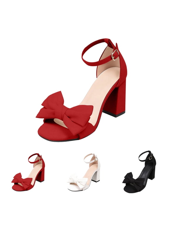 Womens Pumps Open Toe Pointed Toe Bow on Toe Ankle Strap Fashion Chunky Block Heel Bridal Wedding Dress Shoes for Party Red 9 Wide