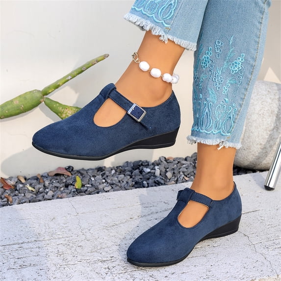 IEMIEMIEM Womens Slip On Shoes Low Wedge Heels Mary Jane Flats Fashion Suede Bowknot Round Toe Comfortable Casual Ballet Dress Shoes for Ballerina Office Work Walking Business Blue 6.5 Wide