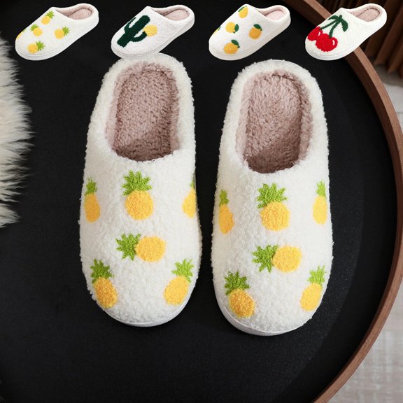 IEMIEMIEM Womens Slippers Fruit Plant Patterns Various Cartoon Patterns Fluffy Soft Memory Foam Retro Indoor Outdoor Home Couple Shoes 5 wide