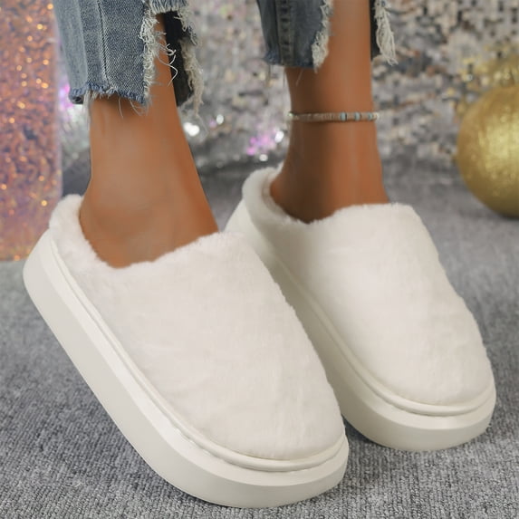 IEMIEMIEM Womens Slippers Thick Platform Fluffy Fuzzy Closed Toe Slide Soft Warm Plush Slip On House Slippers Non Slip Rubber Sole Indoor Bedroom Winter Slippers Beige 5.5 Wide