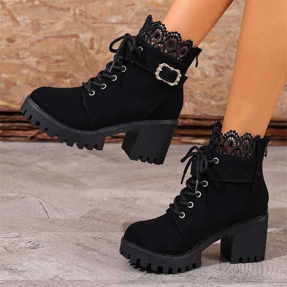 IEMIEMIEM Womens Winter Boots Lined Boots Lace Up Warm Chunky Heels Comfortable Snow Boots with Sole for Cold Weather Black 10 Wide