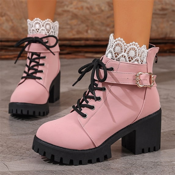 IEMIEMIEM Womens Winter Boots Lined Boots Lace Up Warm Chunky Heels Comfortable Snow Boots with Sole for Cold Weather Pink 8.5 Wide