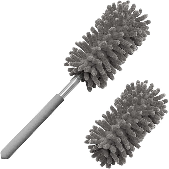 IESWKP Microfiber Duster for Cleaning with 2 Replaceable Heads, Hand Washable Dusters Extendable & Detachable Pole for Effortless Cleaning - Home, Car, Ceiling Fan, Furniture - Grey