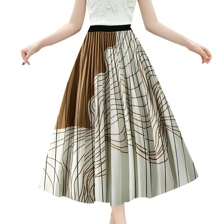 IEUIBX Rainbow Skirt Women s Summer Elastic Waist Pleated A Line Flowy Swing Tiered Long Beach Skirt Dress Khaki One Size Walmart